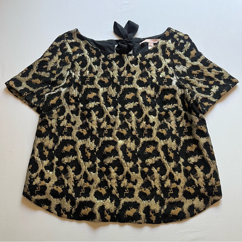 HUTCH Anthropologie gold black cheetah leopard animal short sleeve boxy tie back